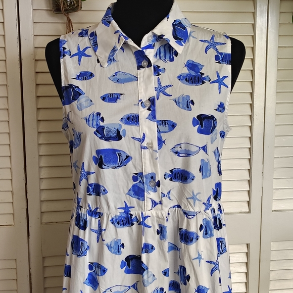 Rachel Zoe Blue White Sea Life Fish Print Sleeveless Maxi Dress Size S –Like New - Picture 2 of 11
